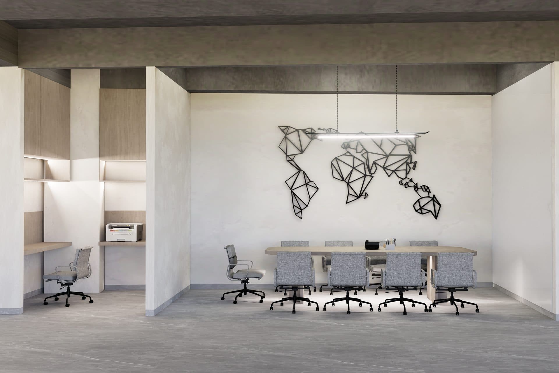 Boardroom with world-map wall art