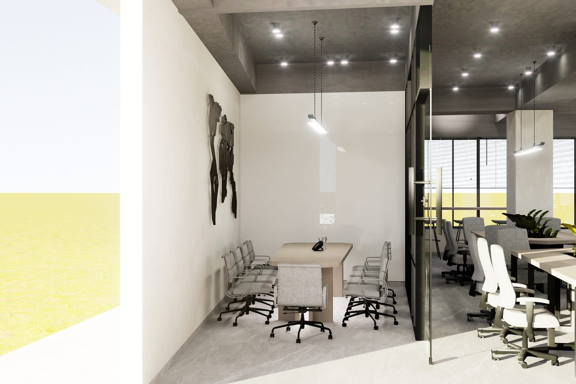 Meeting room beside the open workspace