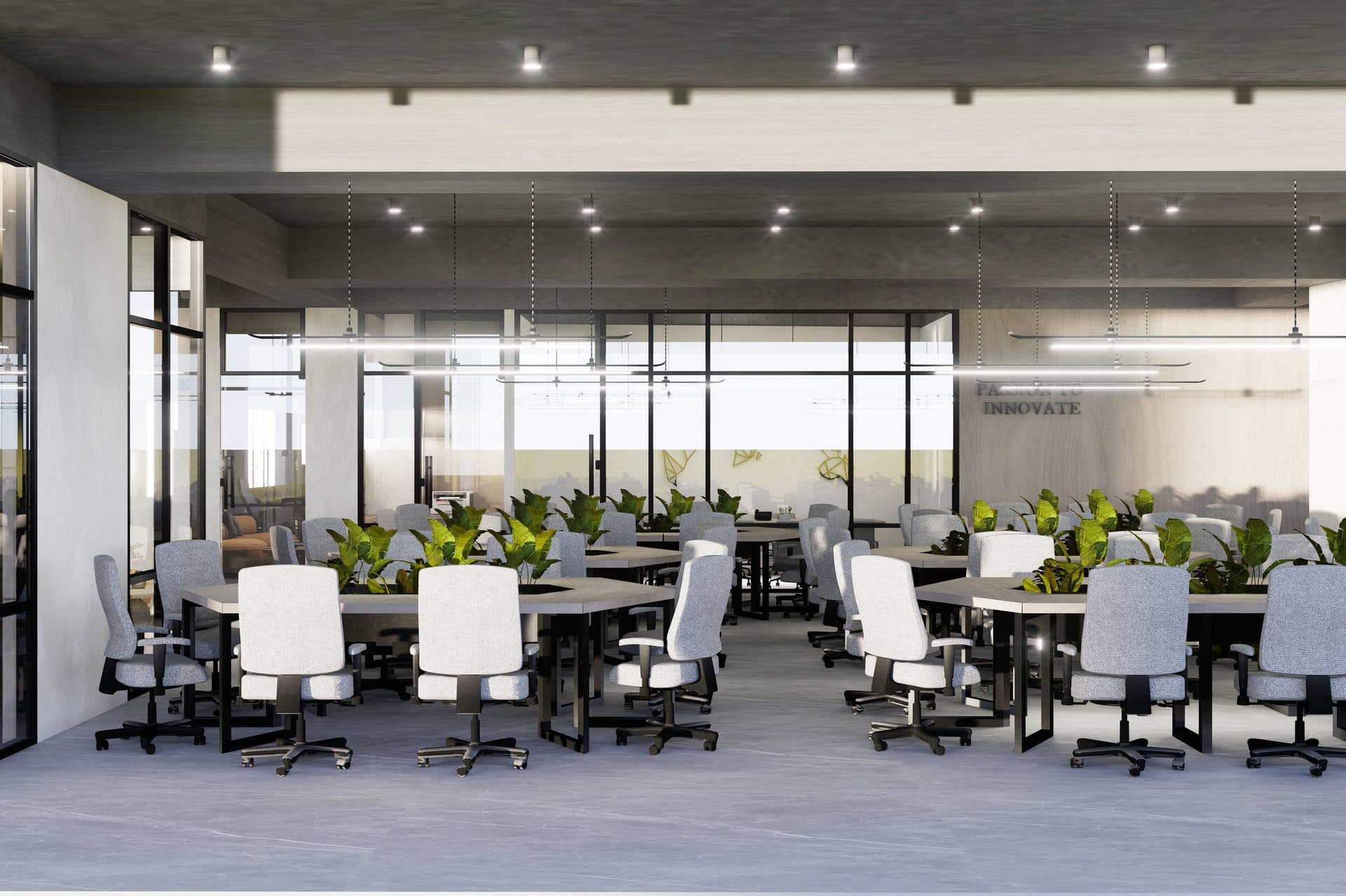 Open-plan workspace with greenery
